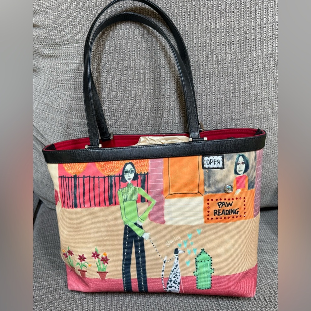 Isabella Fiore Multicolor Canvas City Pet-Scene Satchel with Black Trim